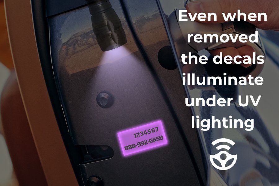 UV light revealing CarSmarti paint-etching decal identification