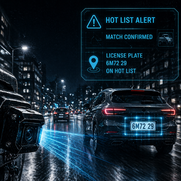 LPR camera scanning a license plate with a hot-list match alert