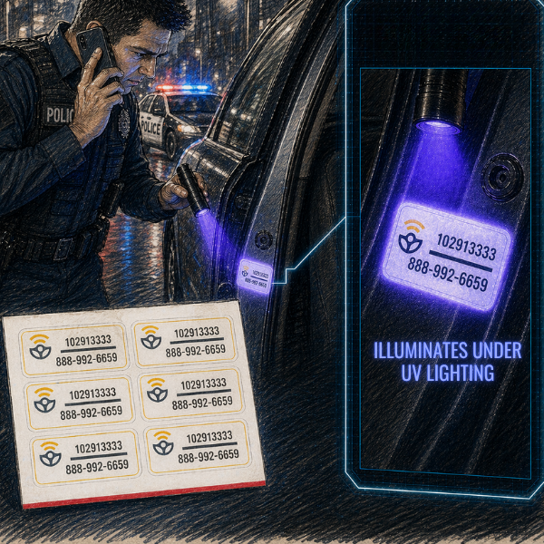 Officer using UV light to reveal a CarSmarti paint-etching ID